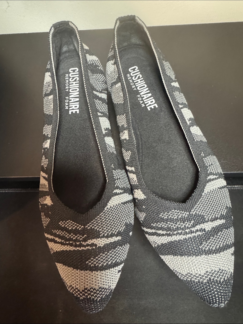Cushionaire Ensley Memory Foam Pointed Slip-On Flats in Black and Gray